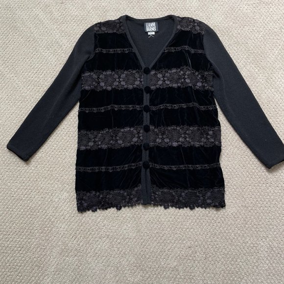 Lianne Barnes Black Velvet and Lace Long Cardigan - Picture 3 of 9
